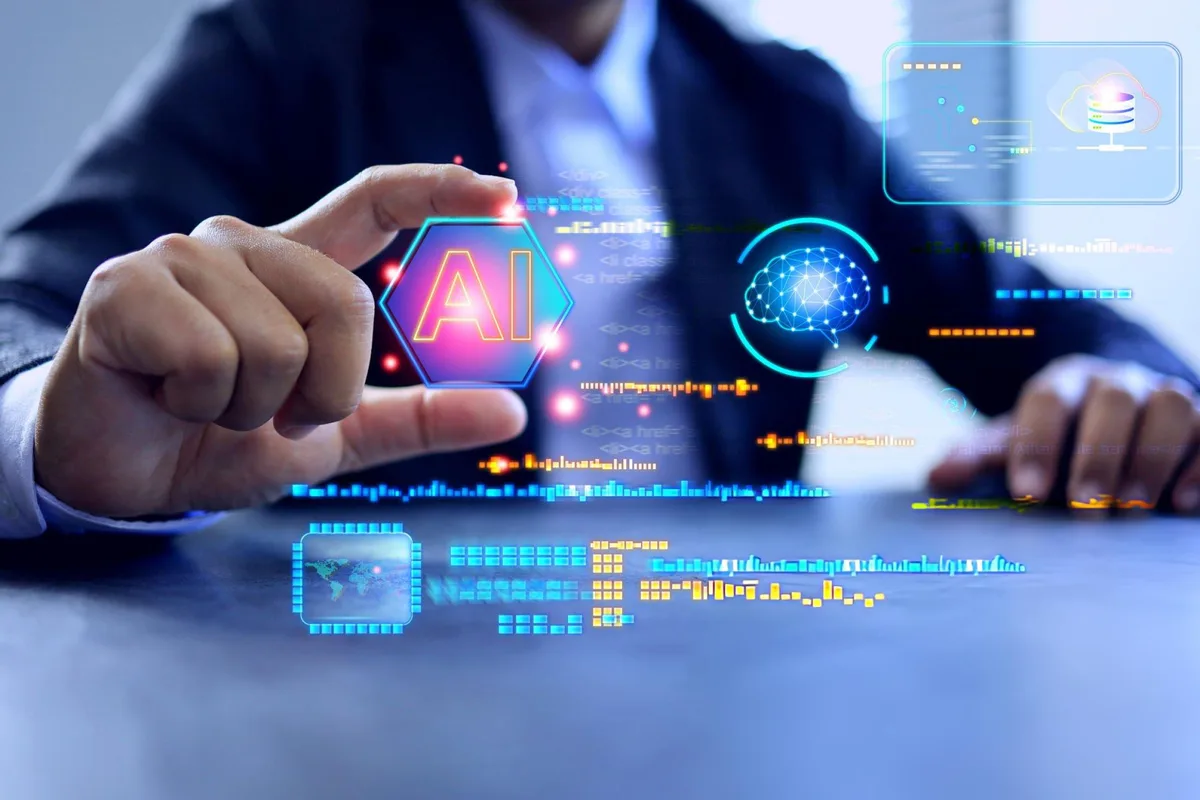 A business leader holding a glowing AI symbol with data and brain graphics around