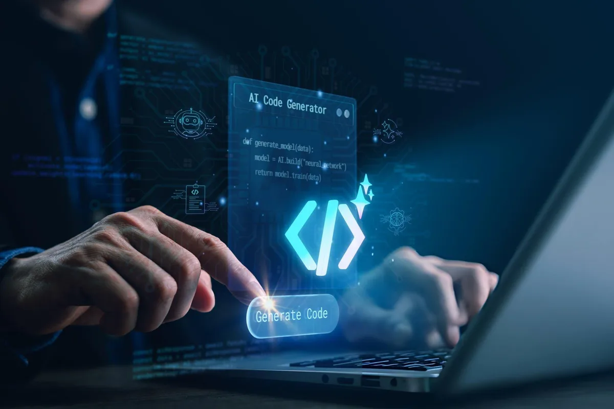A developer pressing a Generate Code button on a glowing AI code generator interface
